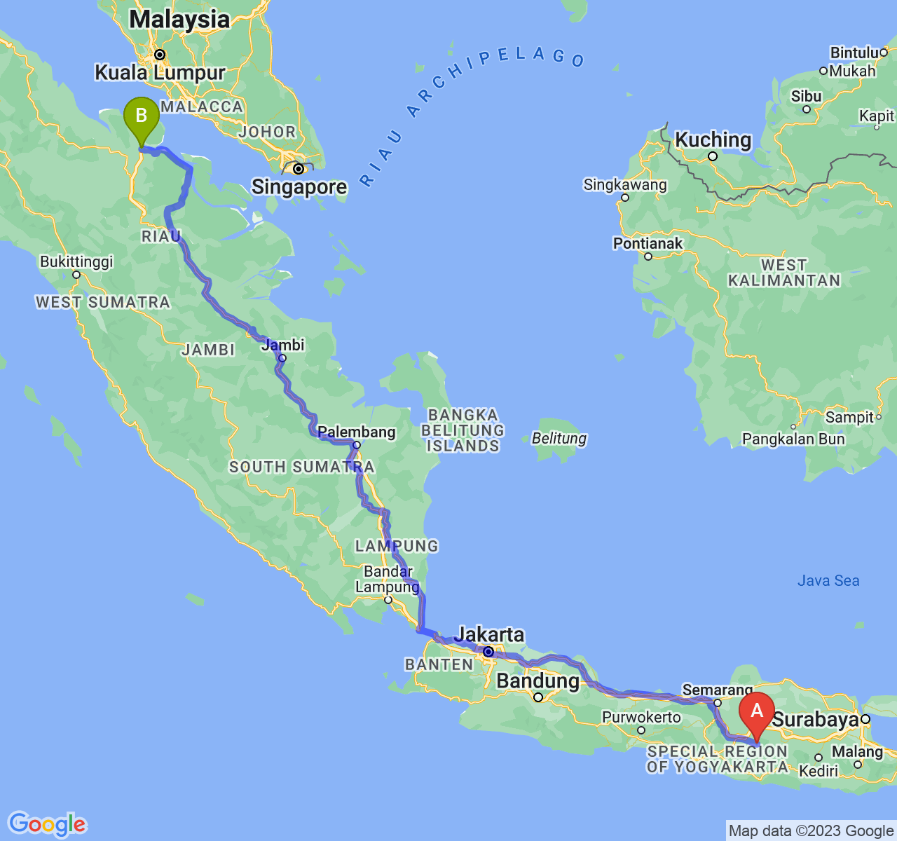 rute perjalanan Kab. Karanganyar-Kota Dumai