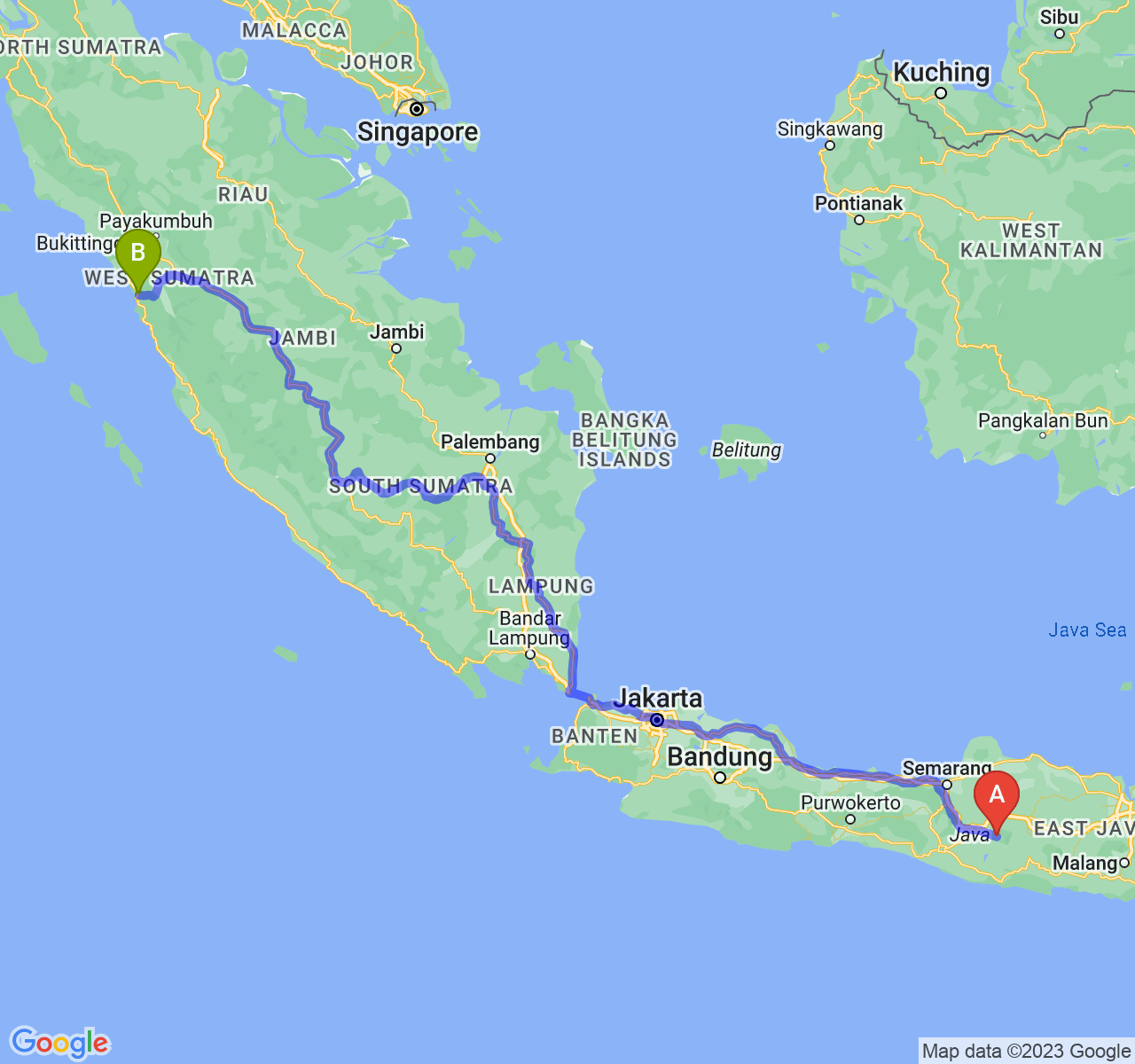 rute perjalanan Kab. Karanganyar-Kota Padang