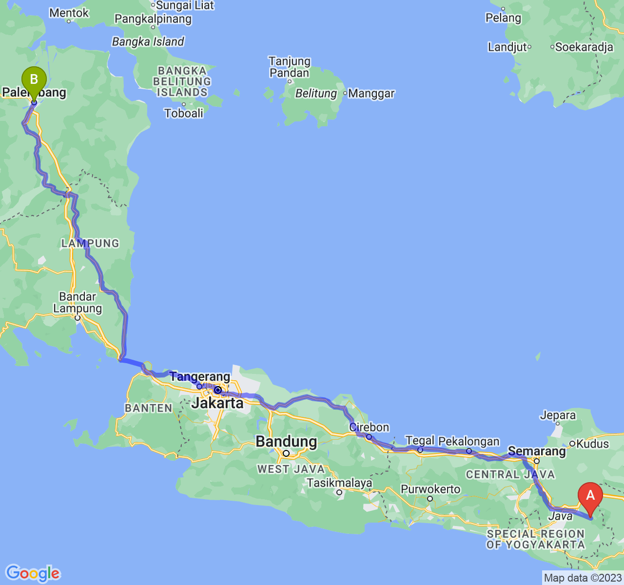 rute perjalanan Kab. Karanganyar-Kota Palembang