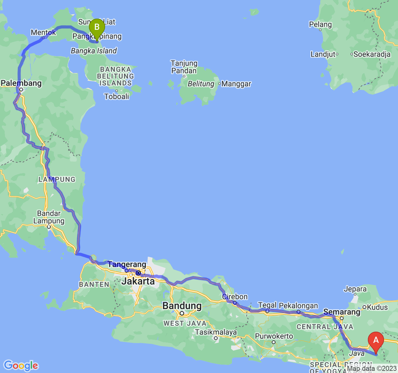 rute perjalanan Kab. Karanganyar-Kota Pangkalpinang