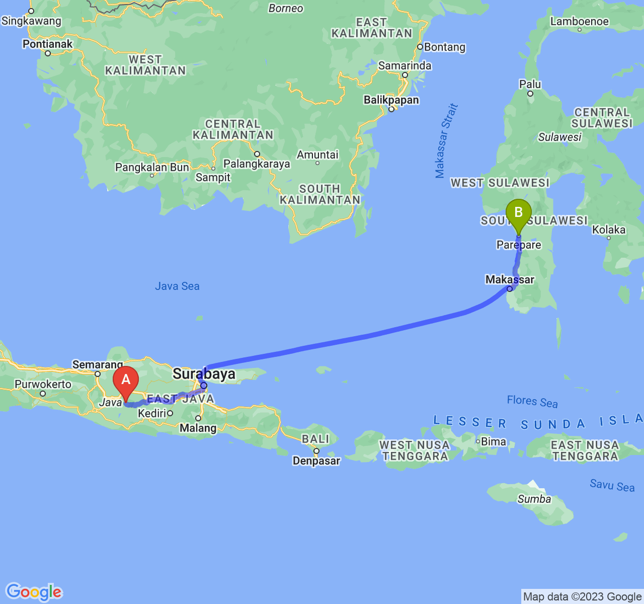 rute perjalanan Kab. Karanganyar-Kota Parepare