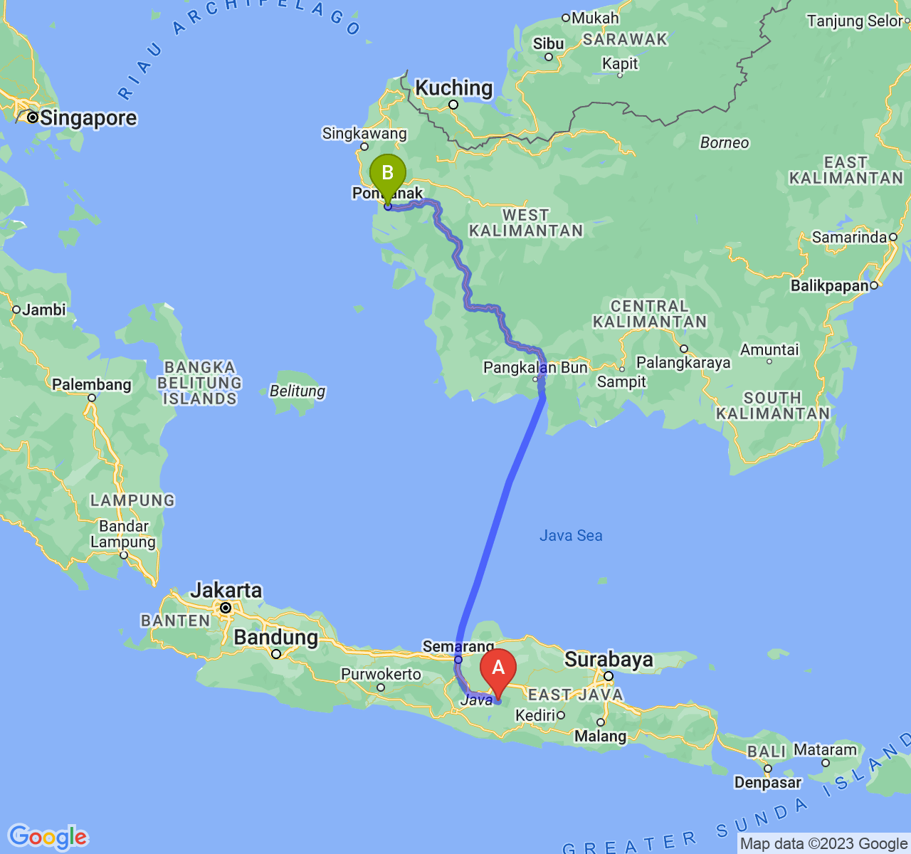 rute perjalanan Kab. Karanganyar-Kota Pontianak