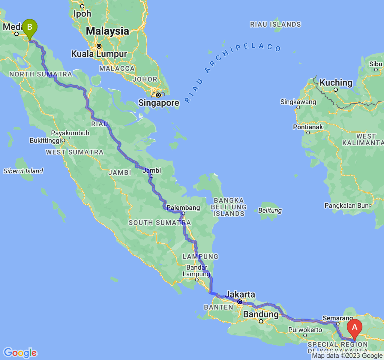 rute perjalanan Kab. Karanganyar-Kota Tebing Tinggi