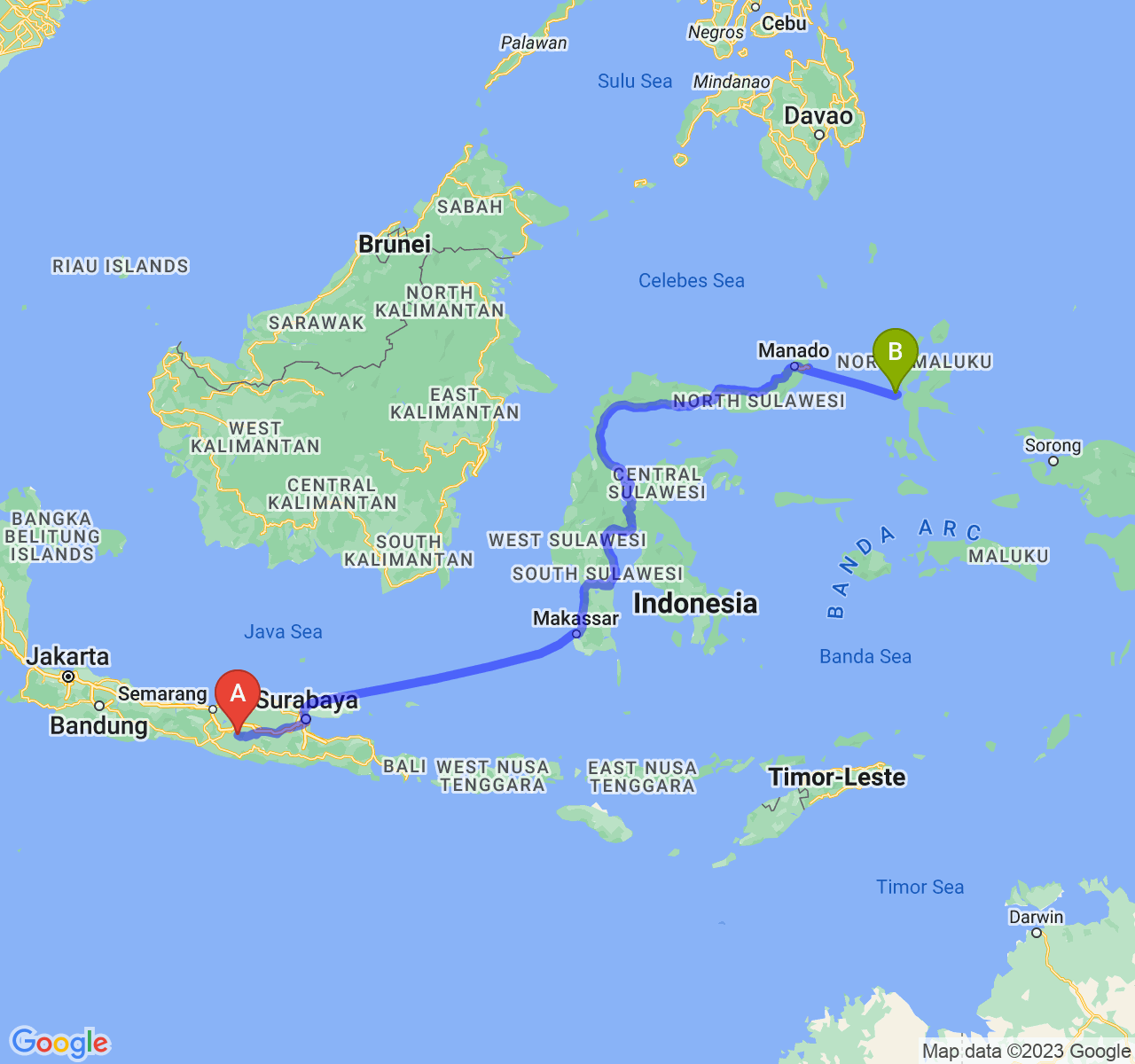 rute perjalanan Kab. Karanganyar-Kota Ternate