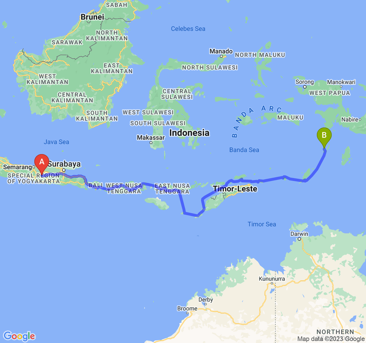 rute perjalanan Kab. Karanganyar-Kota Tual