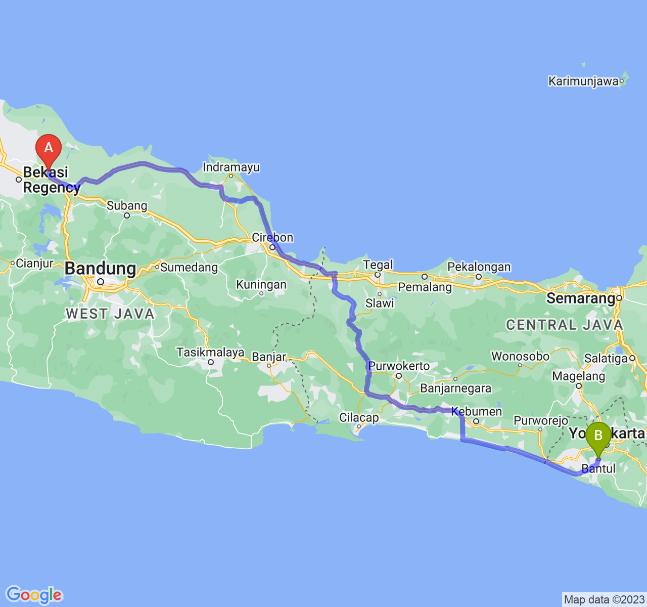 rute perjalanan Kab. Karawang-Kab. Bantul