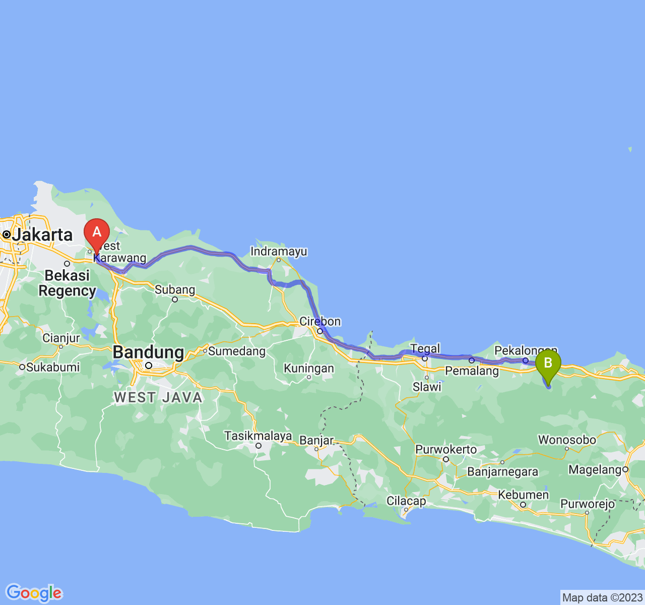 rute perjalanan Kab. Karawang-Kab. Batang