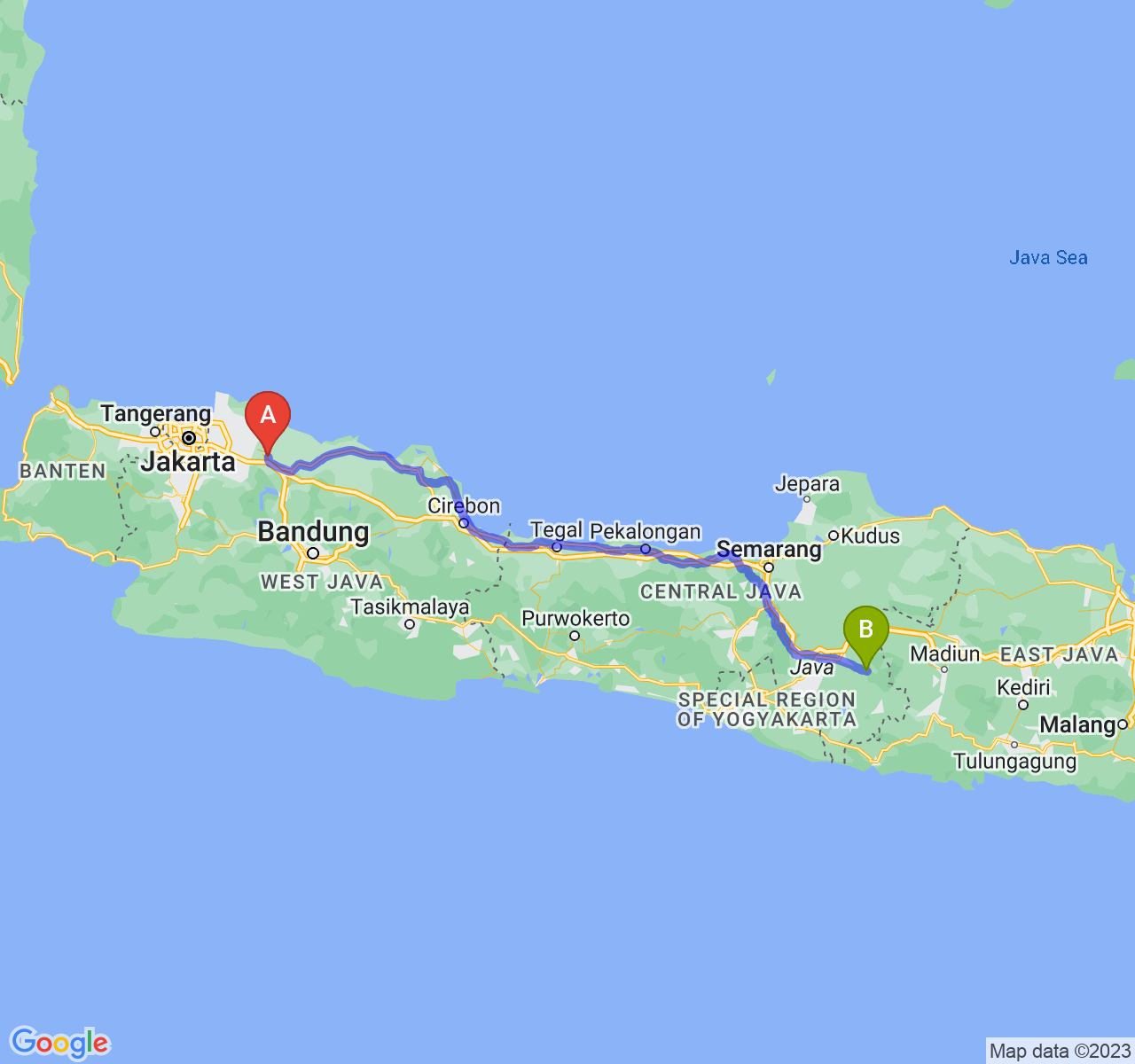 rute perjalanan Kab. Karawang-Kab. Karanganyar