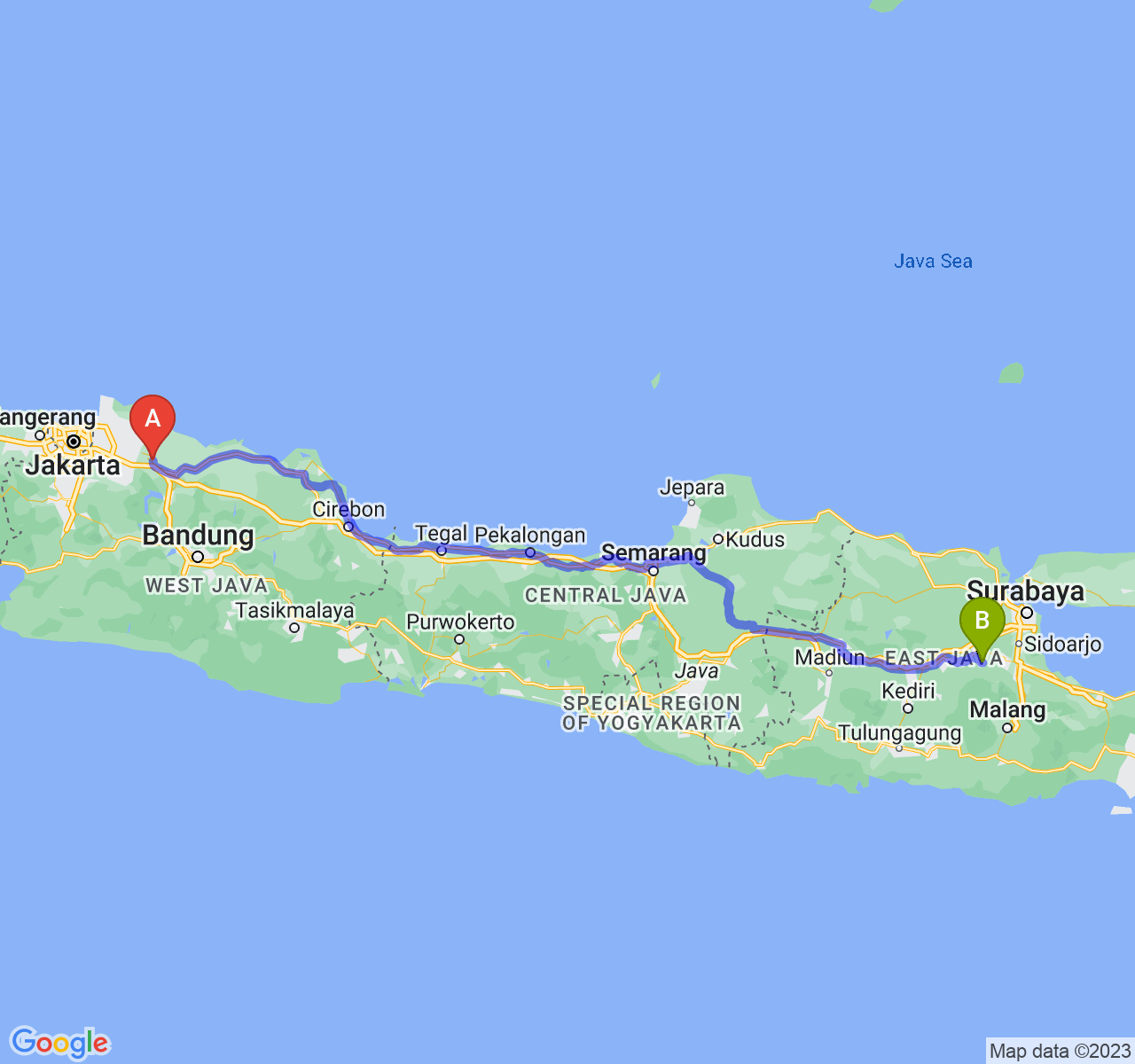 rute perjalanan Kab. Karawang-Kab. Mojokerto