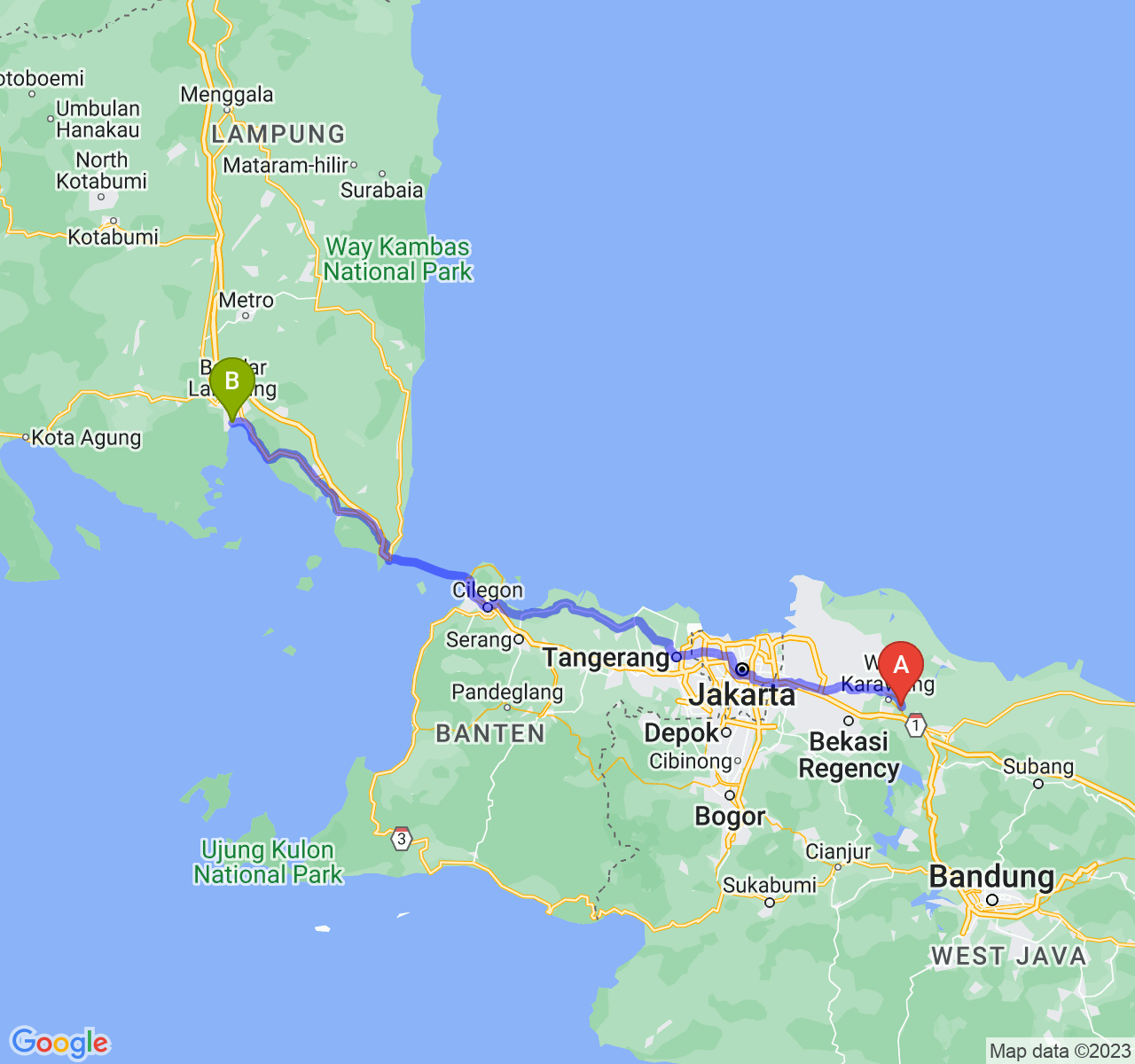 rute perjalanan Kab. Karawang-Kota Bandar Lampung