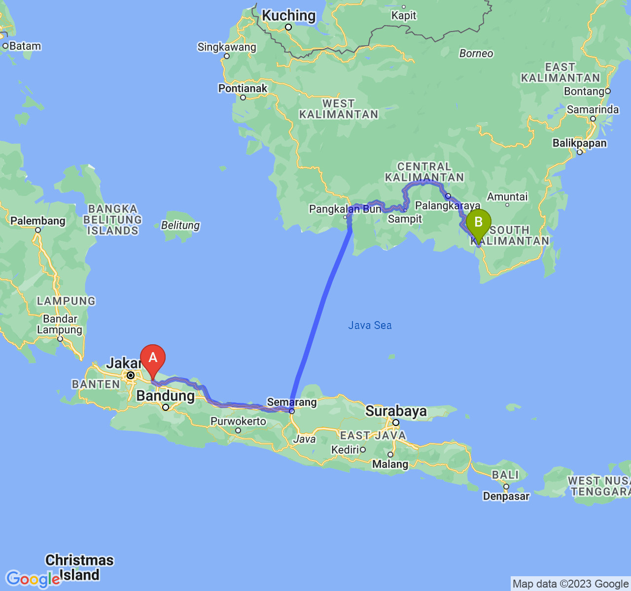 rute perjalanan Kab. Karawang-Kota Banjarmasin