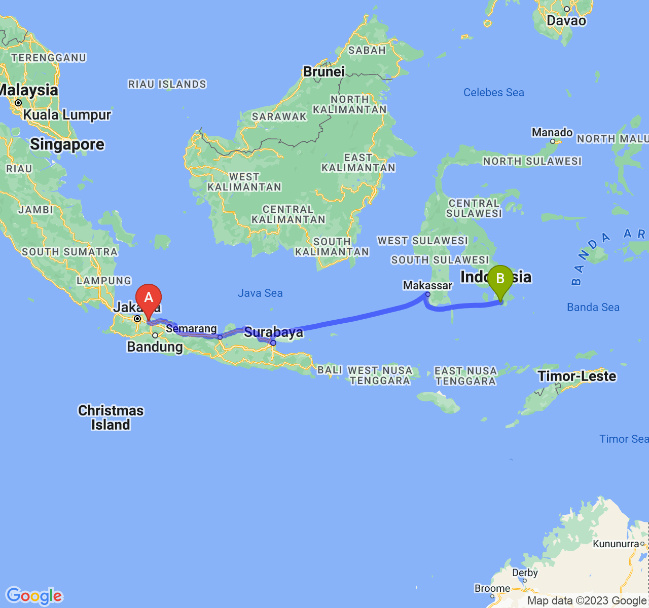 rute perjalanan Kab. Karawang-Kota Baubau