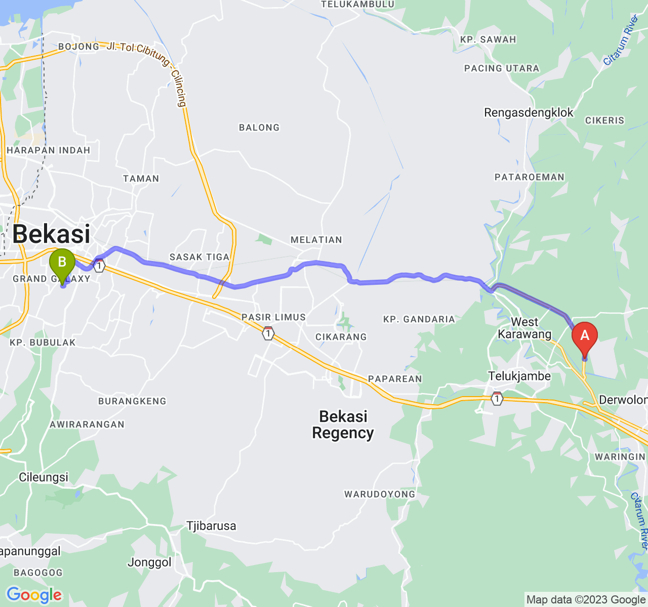 rute perjalanan Kab. Karawang-Kota Bekasi