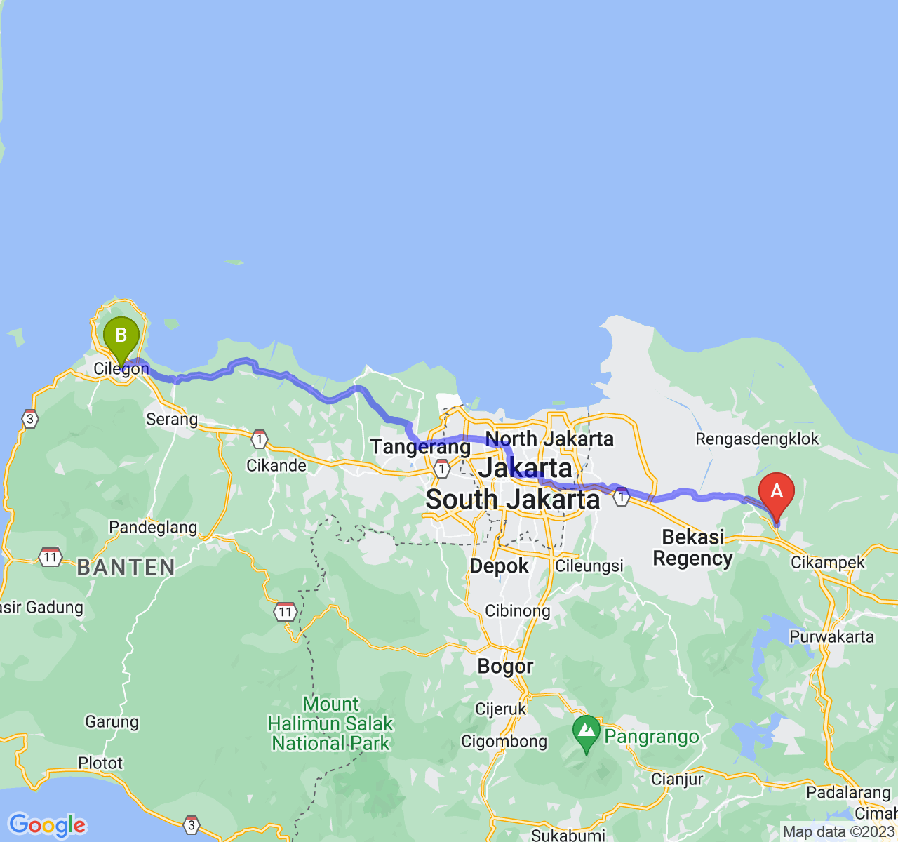 rute perjalanan Kab. Karawang-Kota Cilegon