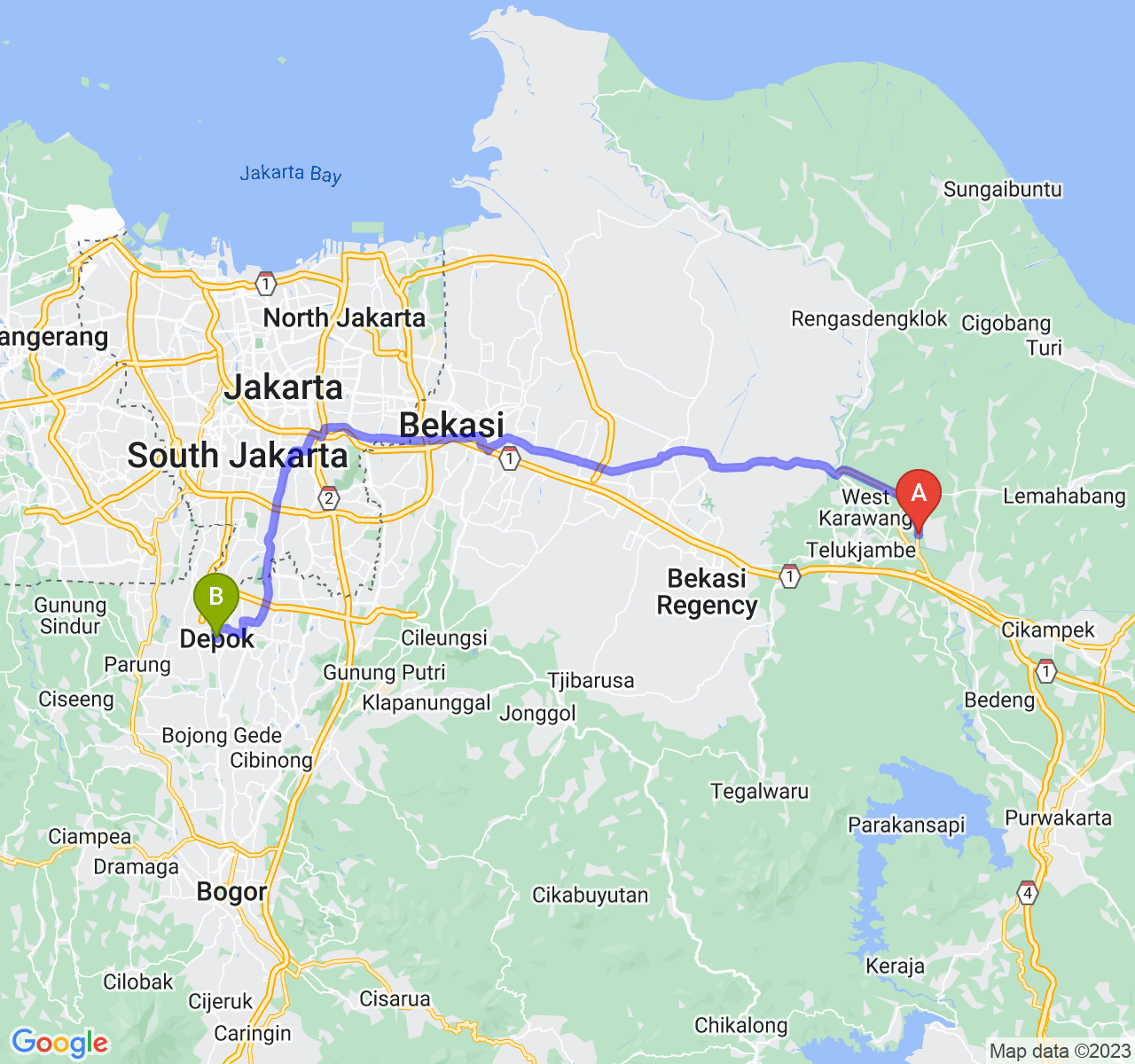 rute perjalanan Kab. Karawang-Kota Depok