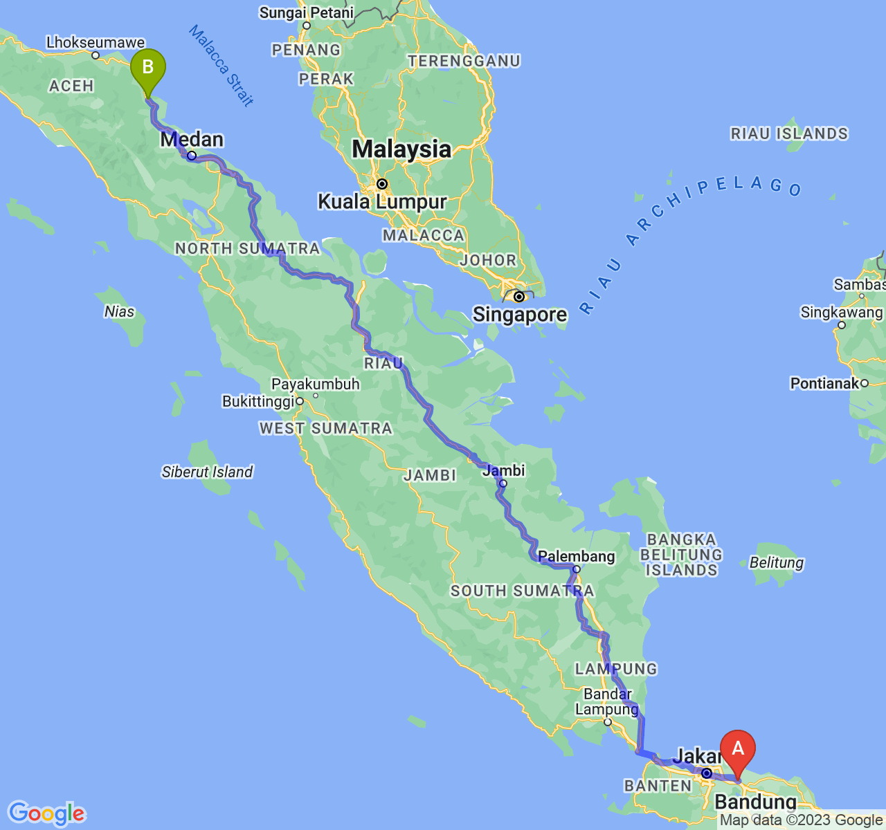 rute perjalanan Kab. Karawang-Kota Langsa