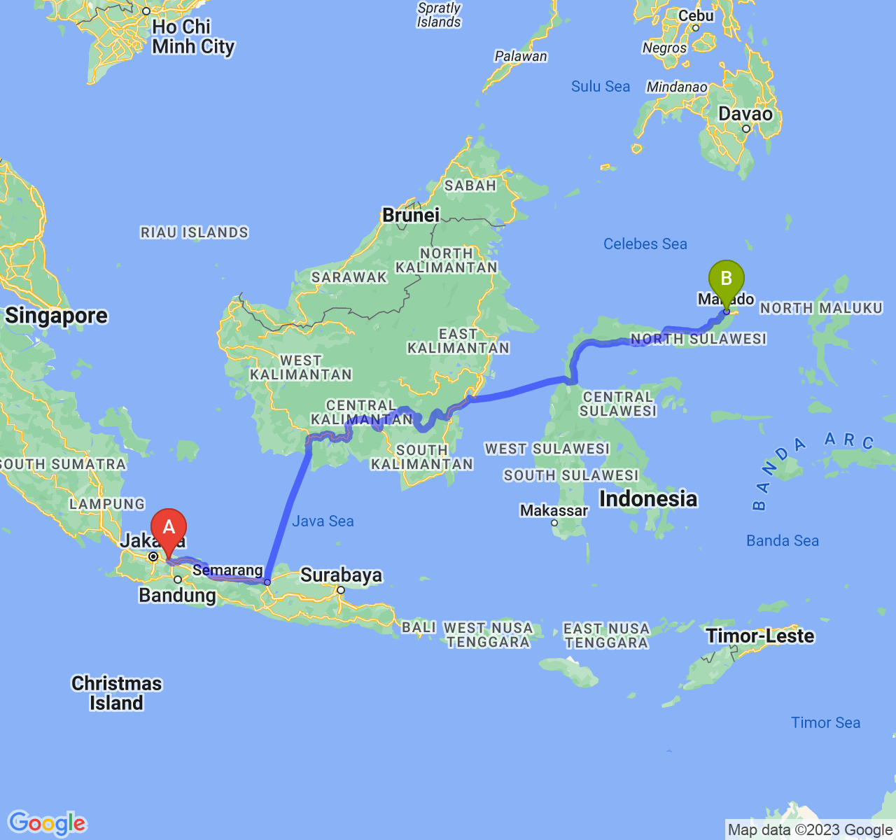 rute perjalanan Kab. Karawang-Kota Manado