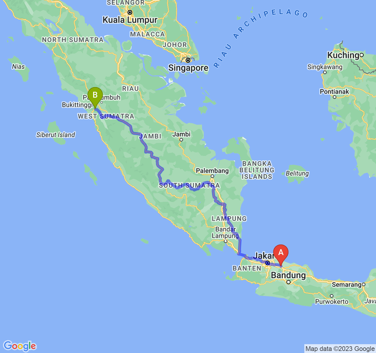 rute perjalanan Kab. Karawang-Kota Padang Panjang