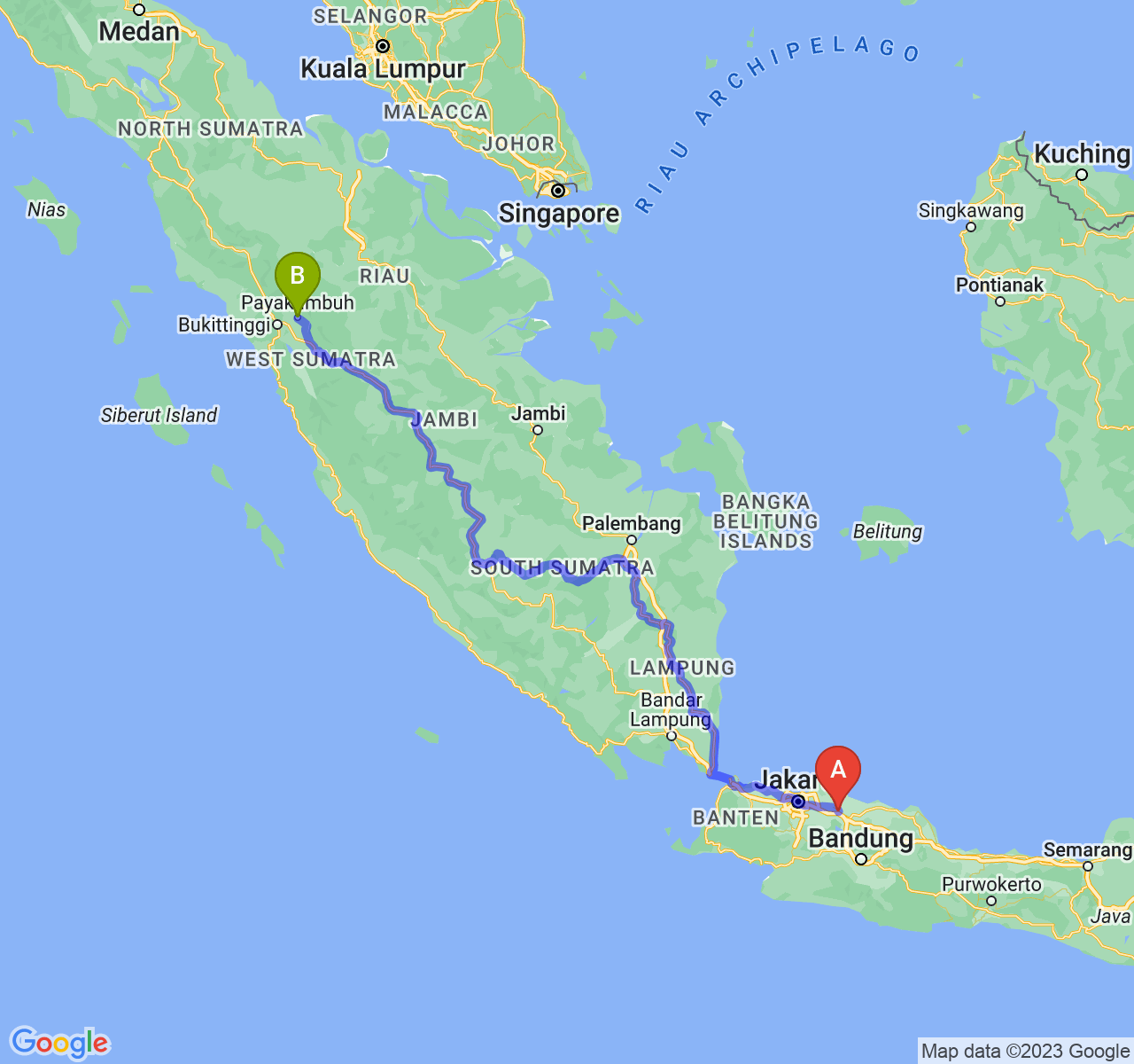 rute perjalanan Kab. Karawang-Kota Payakumbuh