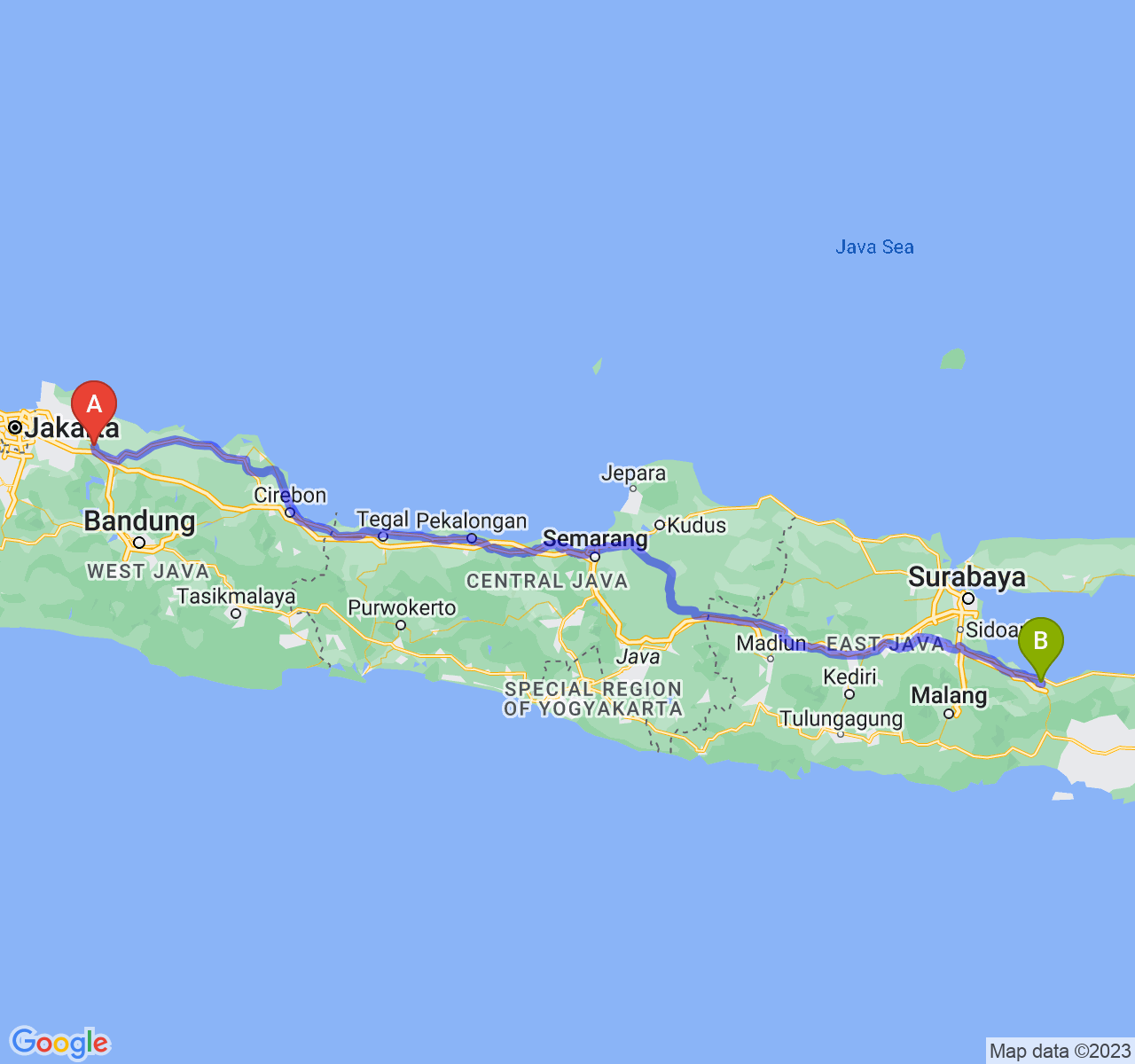 rute perjalanan Kab. Karawang-Kota Probolinggo