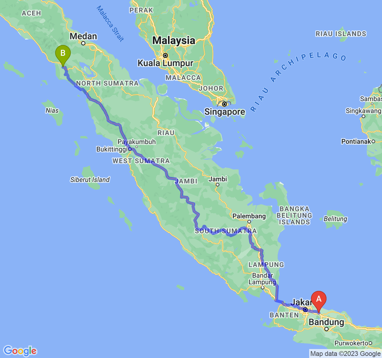 rute perjalanan Kab. Karawang-Kota Subulussalam