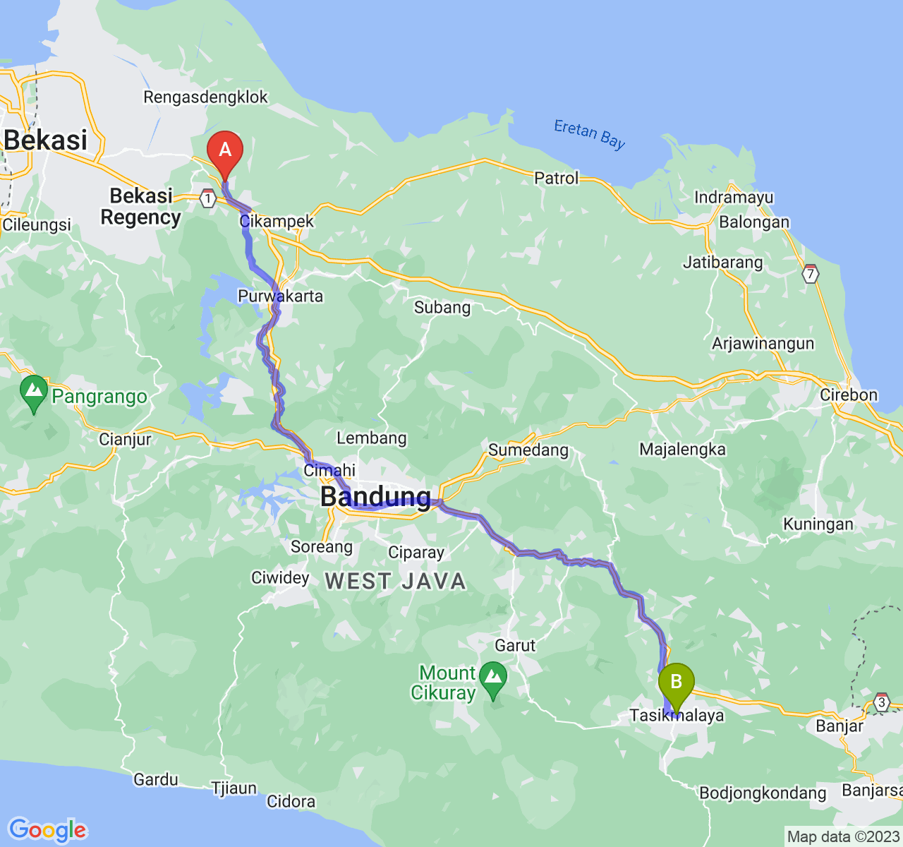 rute perjalanan Kab. Karawang-Kota Tasikmalaya