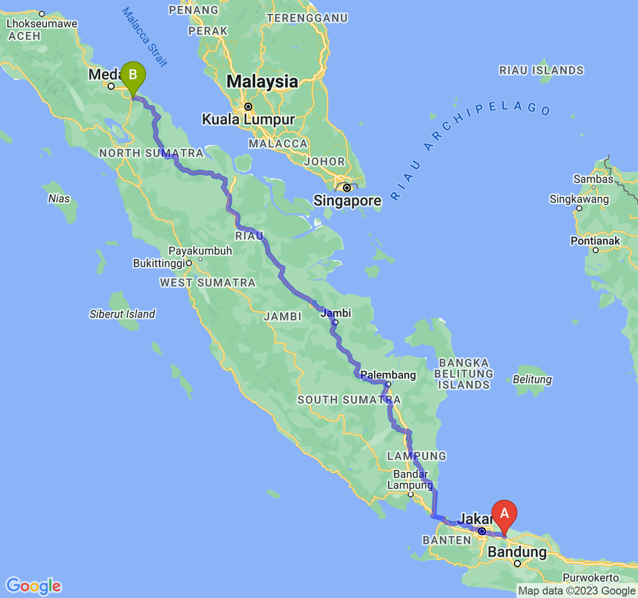 rute perjalanan Kab. Karawang-Kota Tebing Tinggi