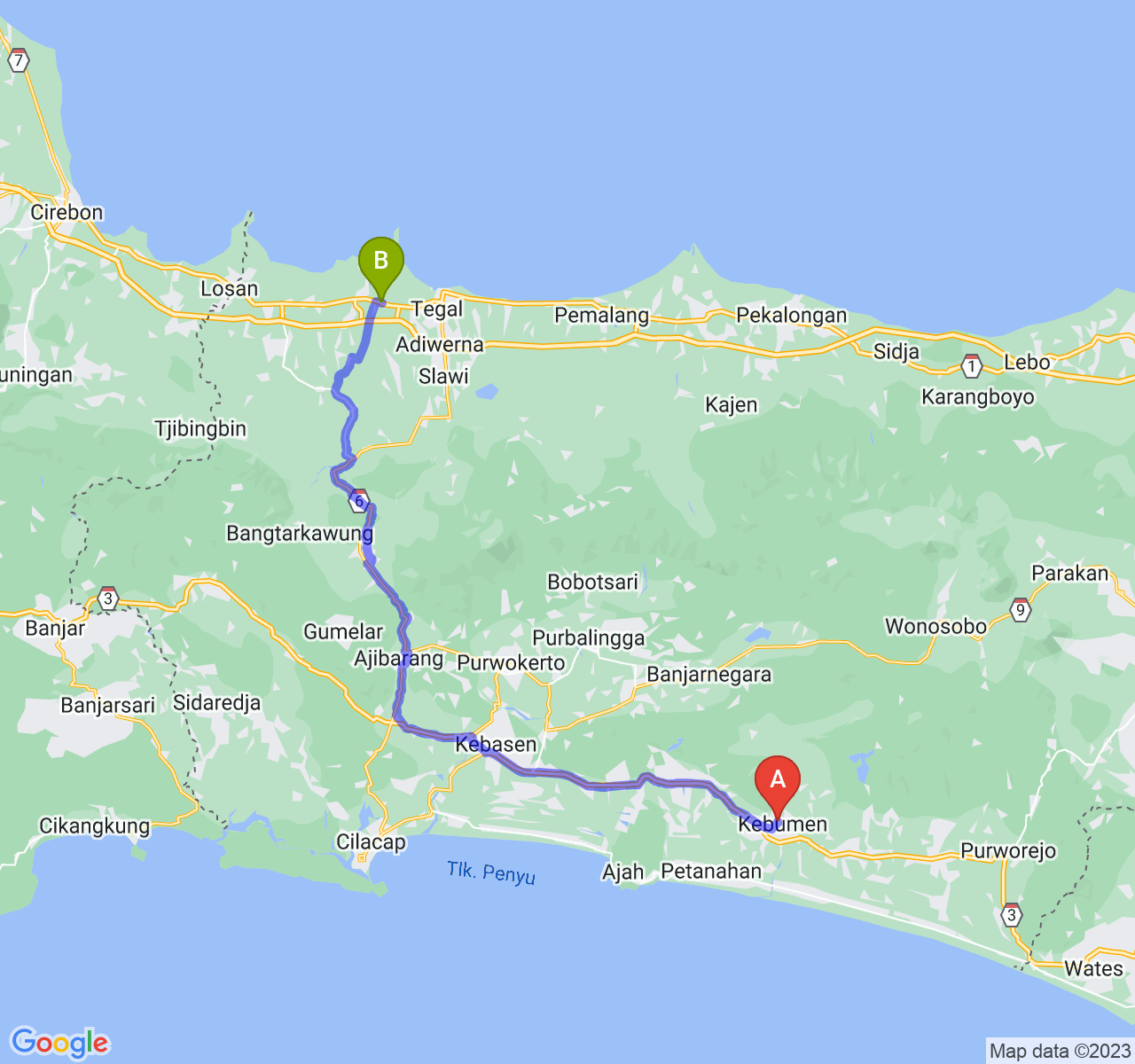 rute perjalanan Kab. Kebumen-Kab. Brebes