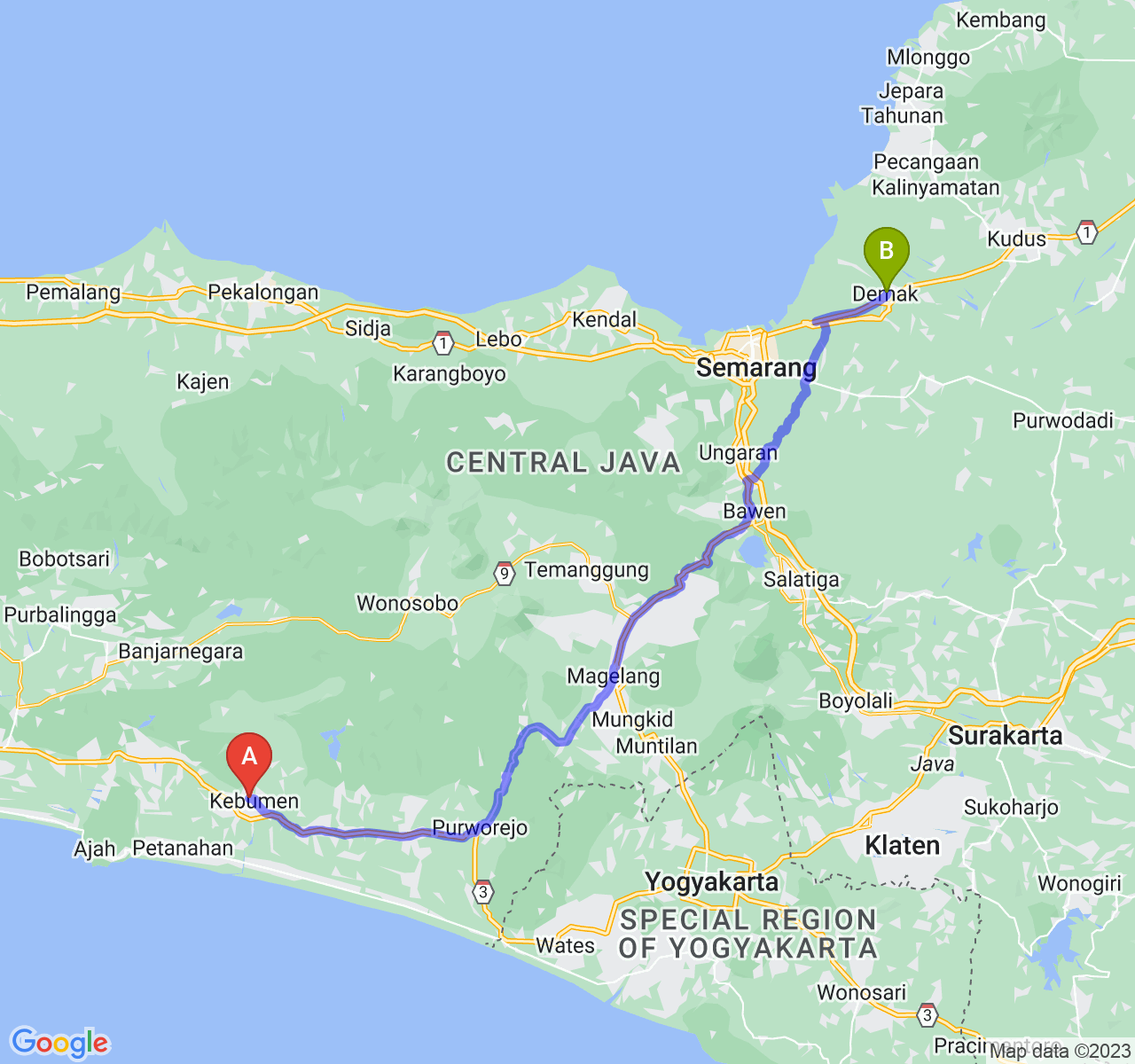 rute perjalanan Kab. Kebumen-Kab. Demak