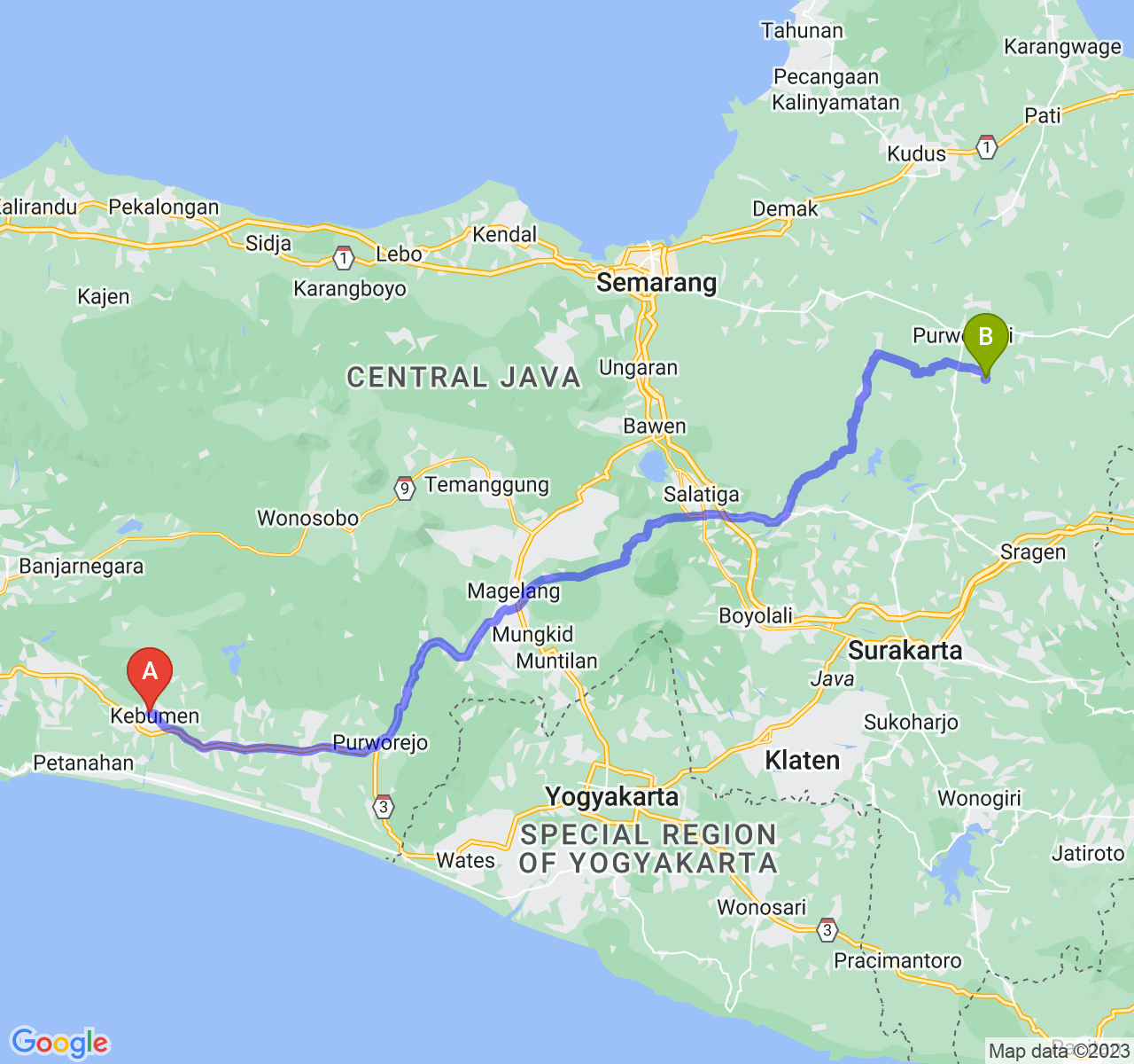 rute perjalanan Kab. Kebumen-Kab. Grobogan