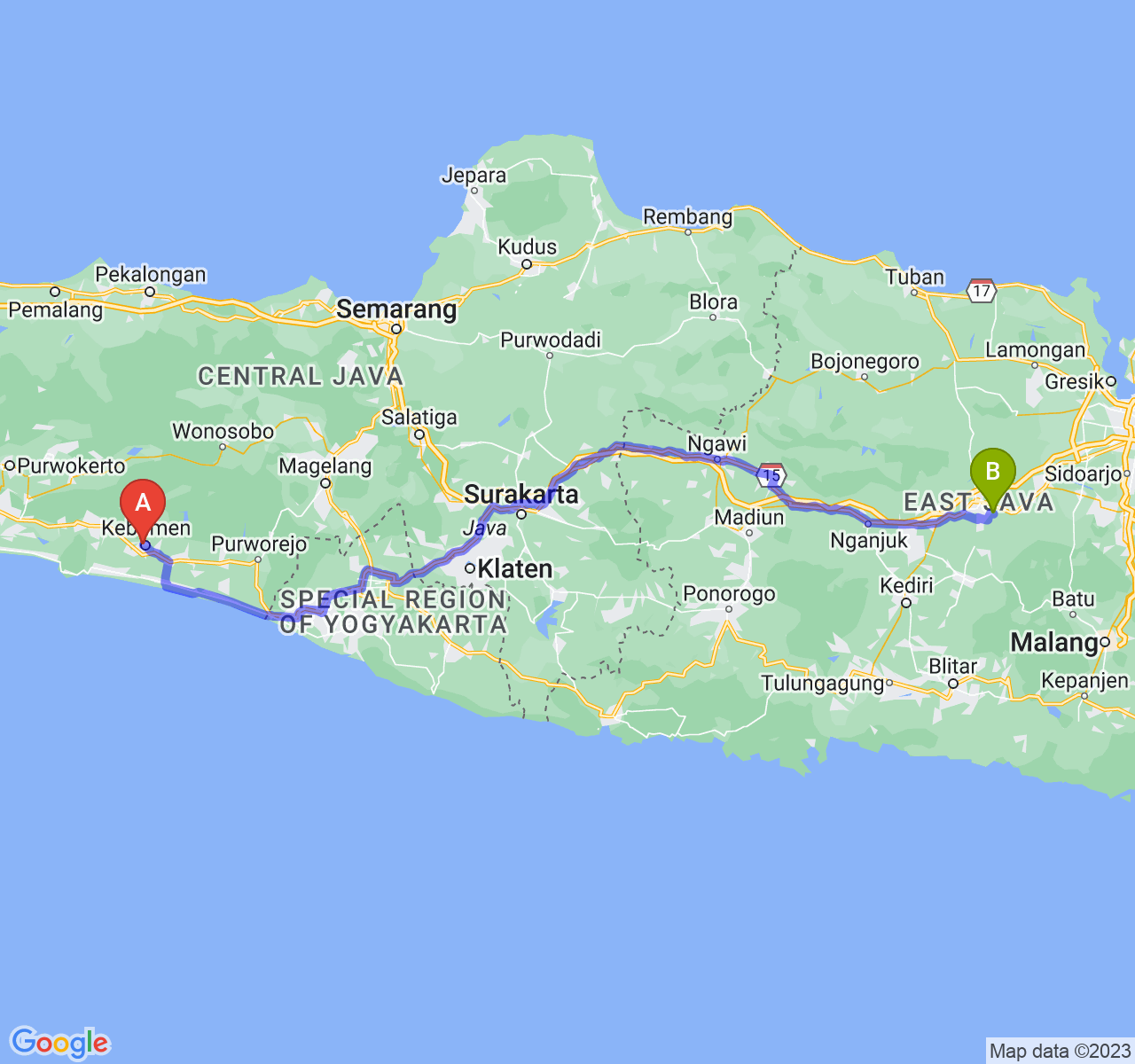 rute perjalanan Kab. Kebumen-Kab. Jombang