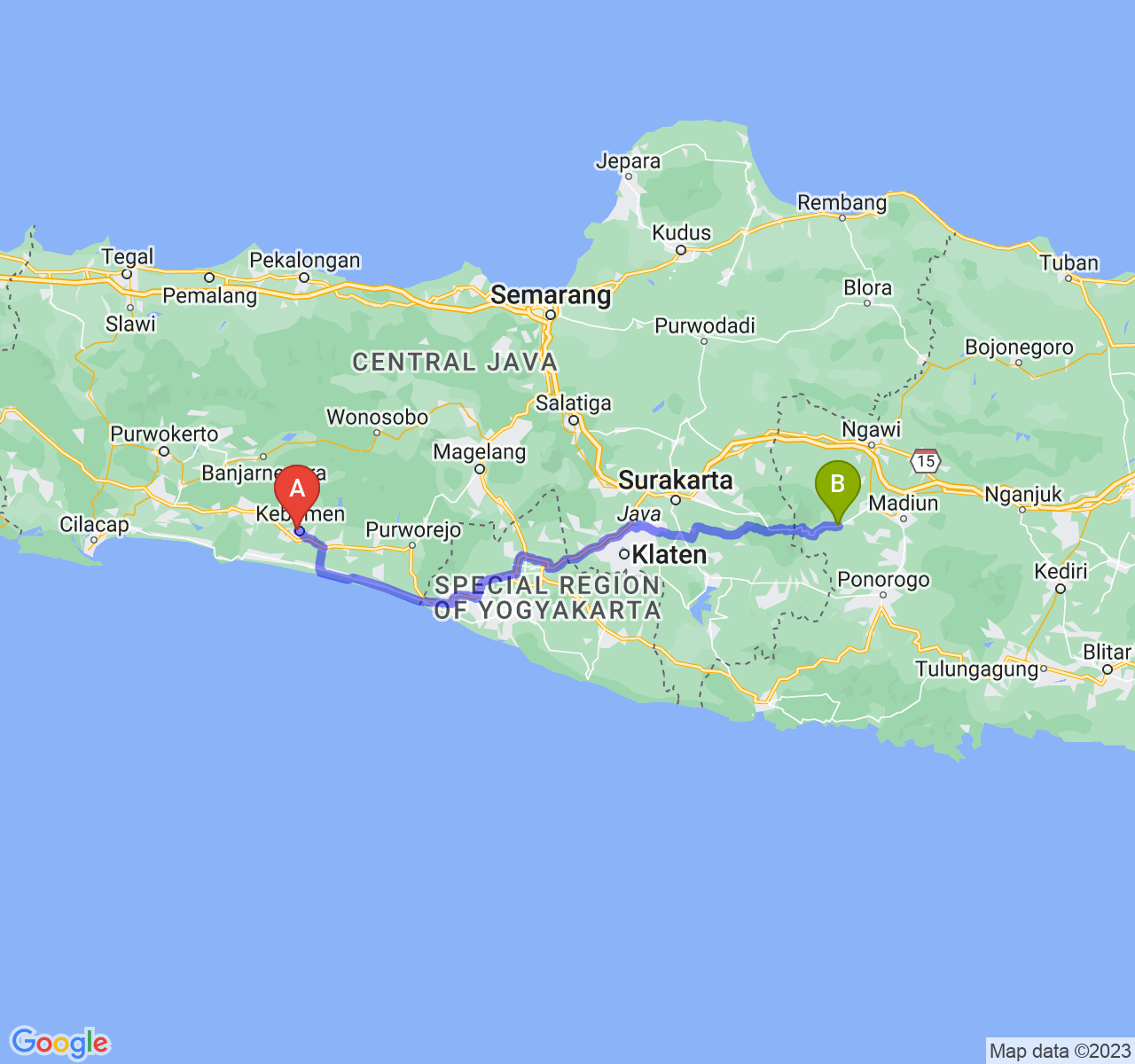 rute perjalanan Kab. Kebumen-Kab. Magetan