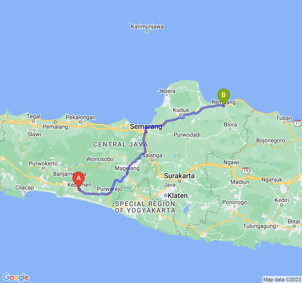 rute perjalanan Kab. Kebumen-Kab. Rembang