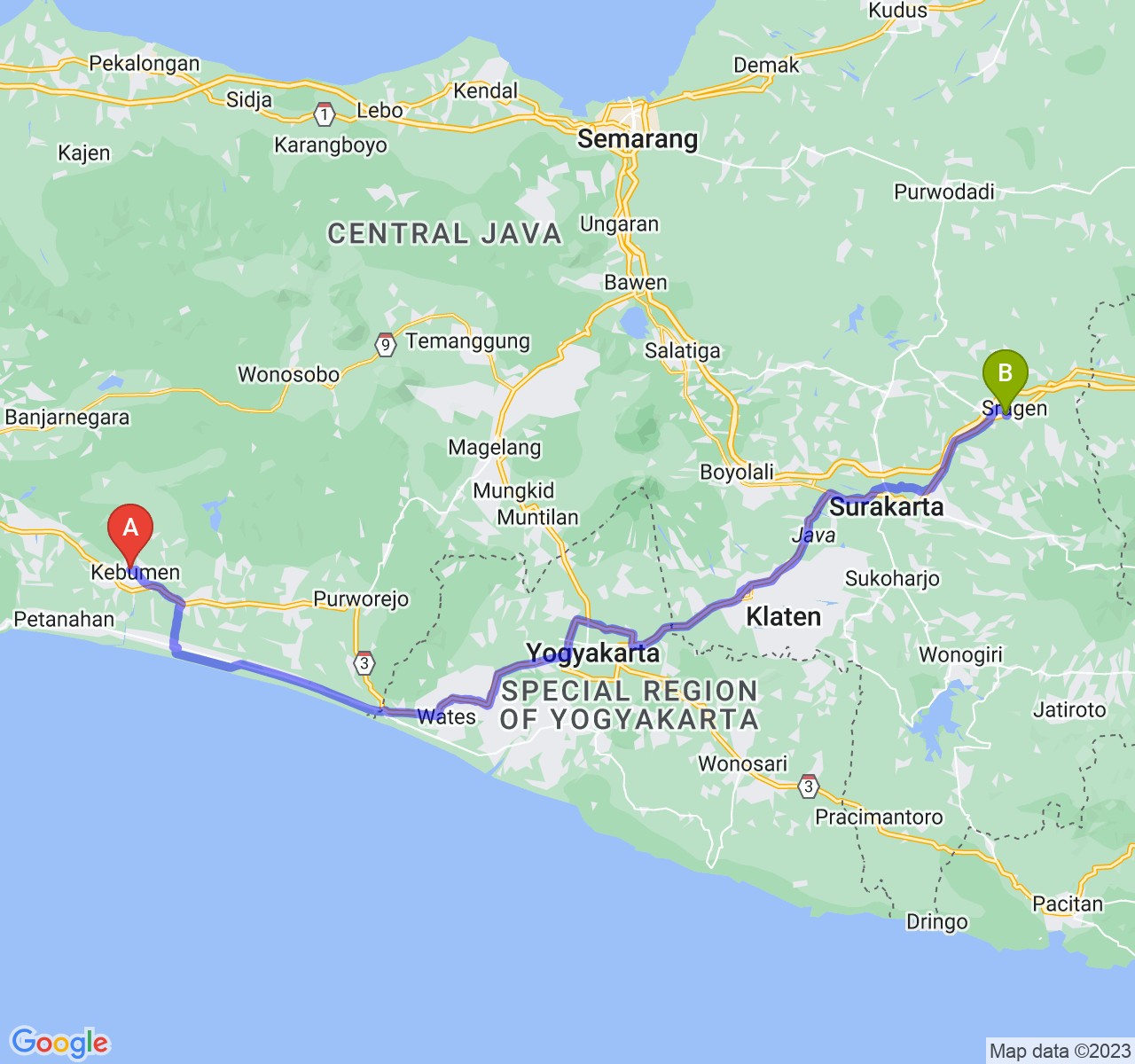 rute perjalanan Kab. Kebumen-Kab. Sragen