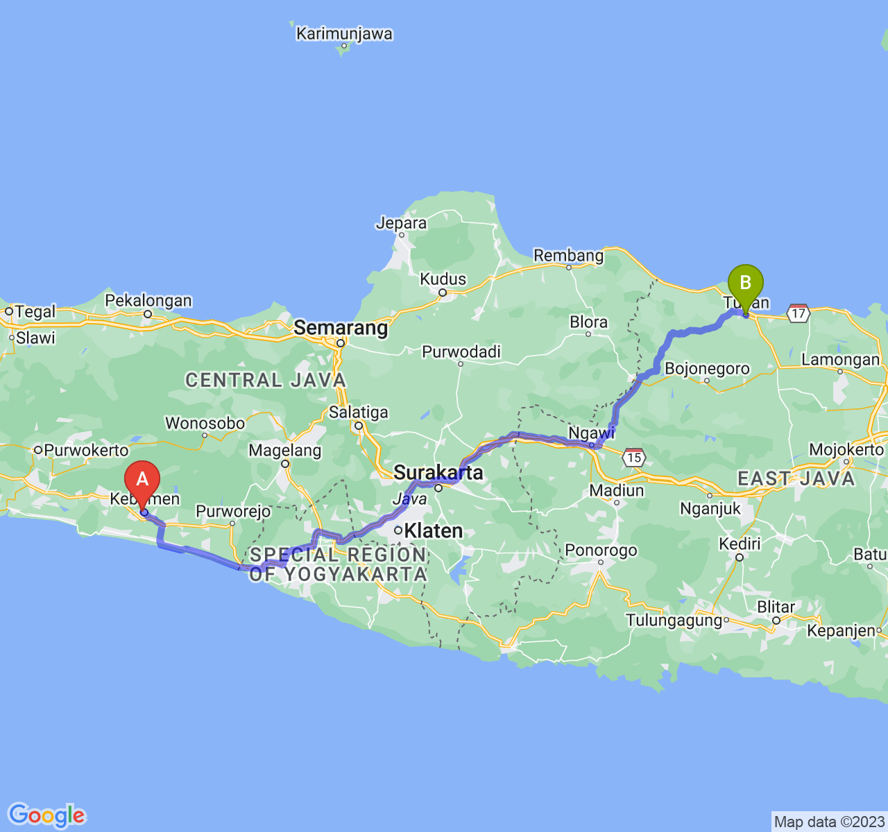 rute perjalanan Kab. Kebumen-Kab. Tuban