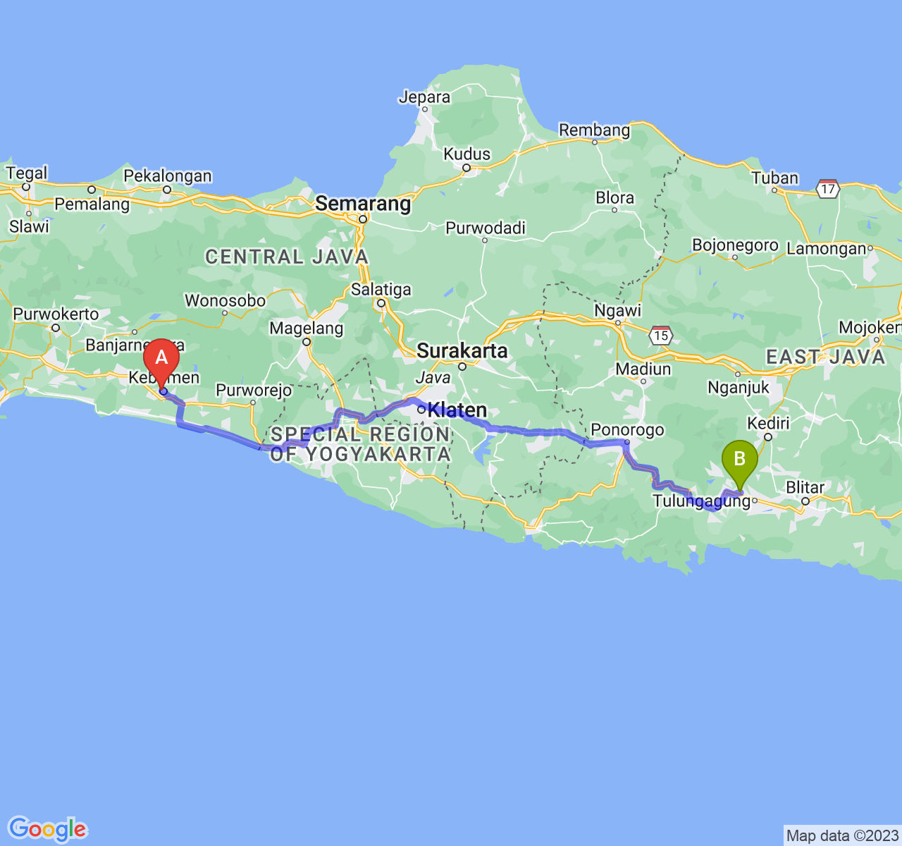 rute perjalanan Kab. Kebumen-Kab. Tulungagung