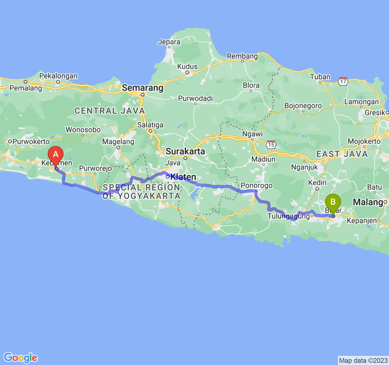 rute perjalanan Kab. Kebumen-Kota Blitar