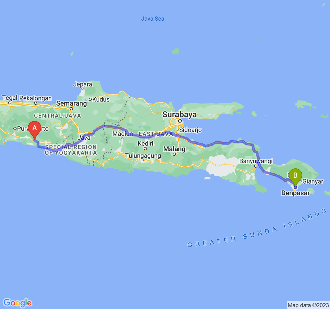 rute perjalanan Kab. Kebumen-Kota Denpasar