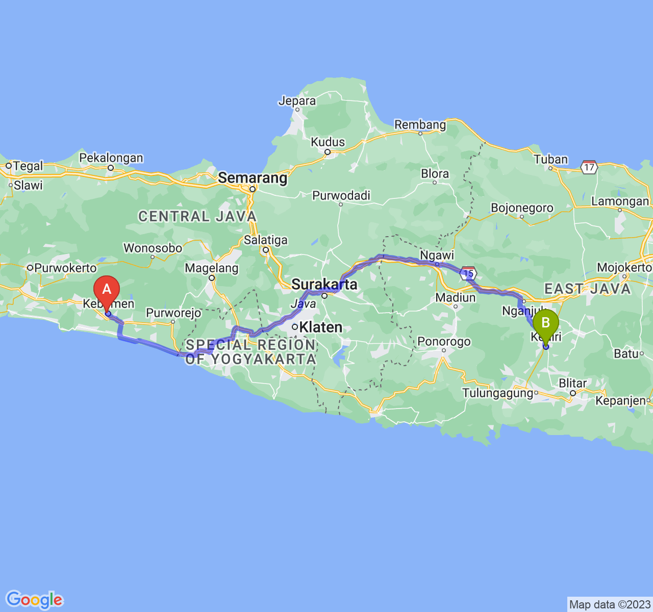 rute perjalanan Kab. Kebumen-Kota Kediri