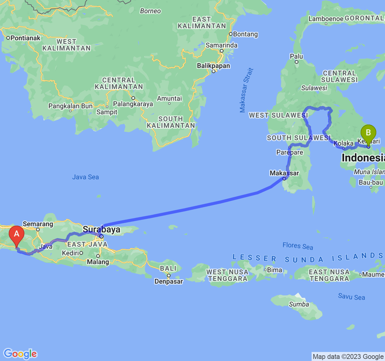 rute perjalanan Kab. Kebumen-Kota Kendari