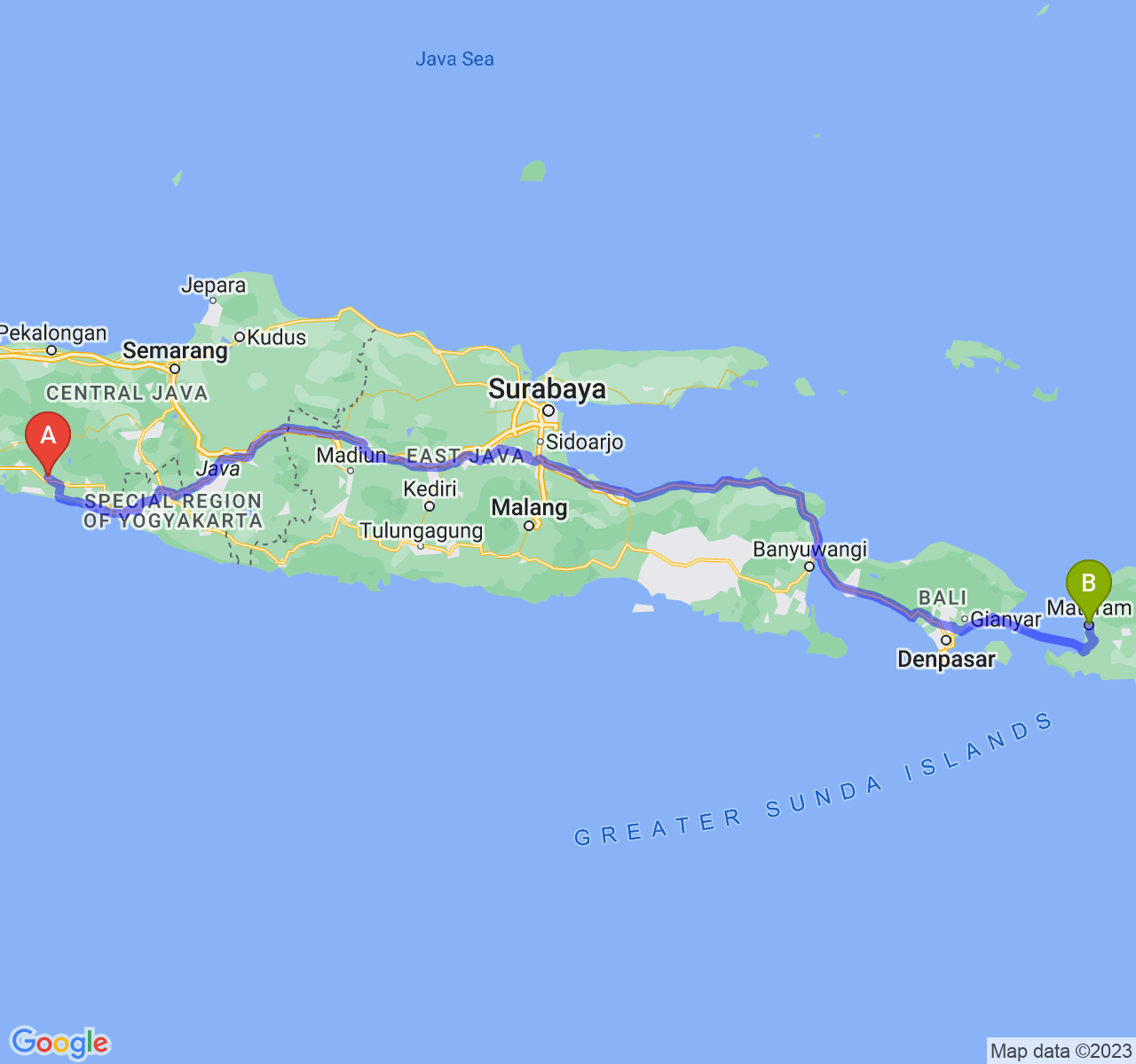 rute perjalanan Kab. Kebumen-Kota Mataram