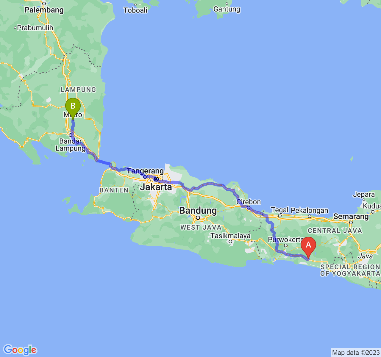 rute perjalanan Kab. Kebumen-Kota Metro