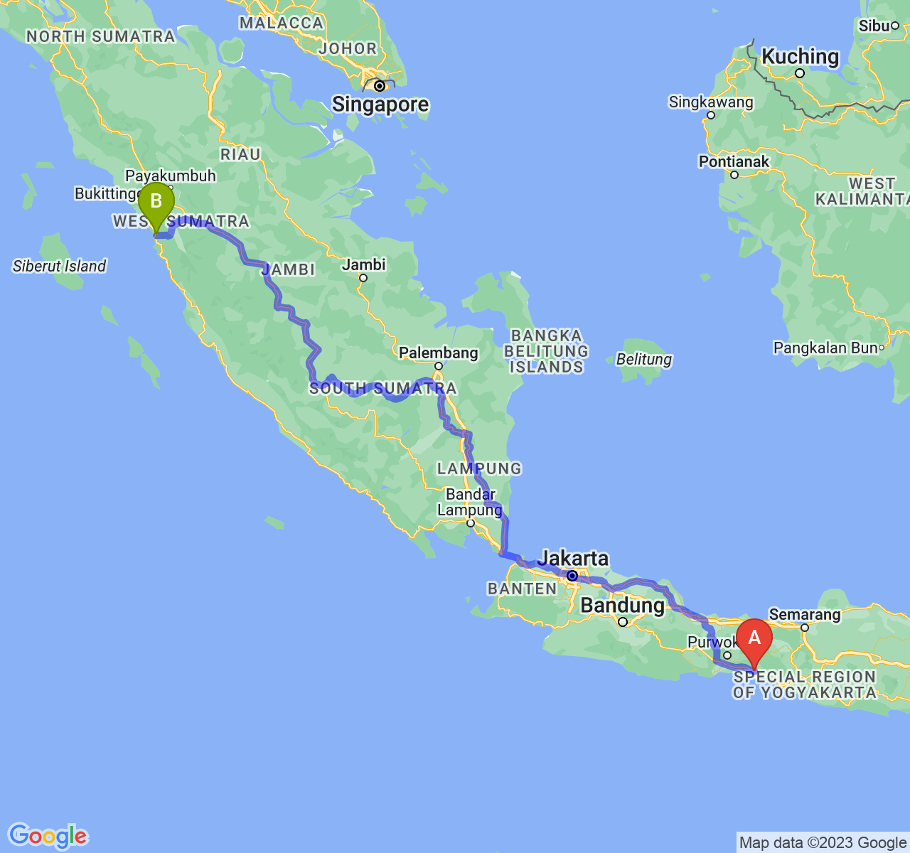 rute perjalanan Kab. Kebumen-Kota Padang