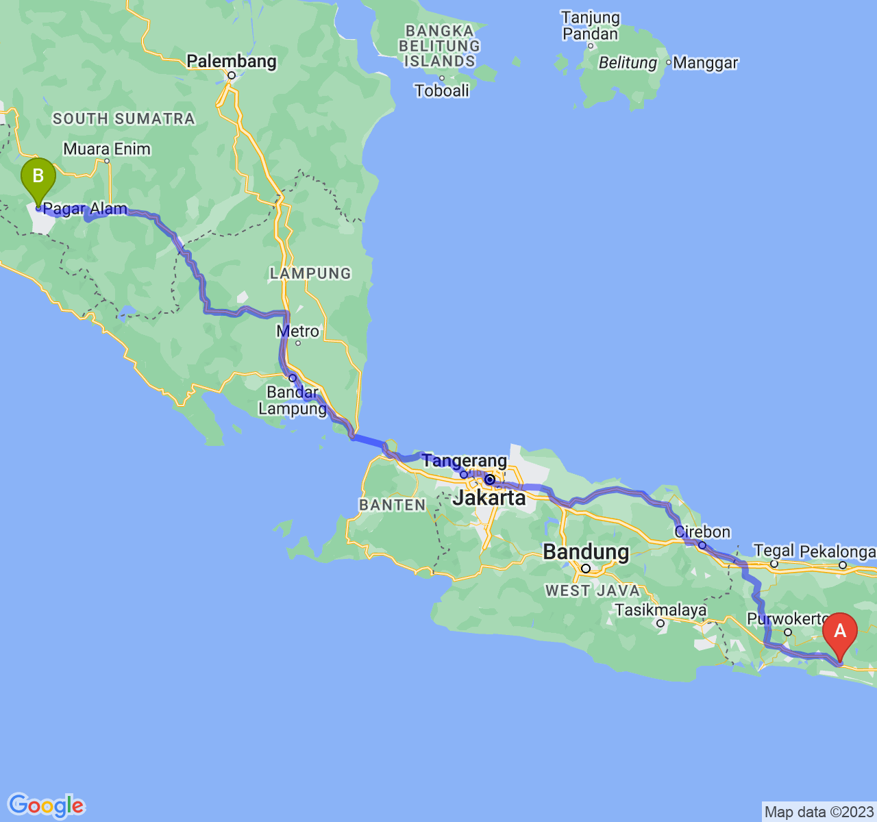 rute perjalanan Kab. Kebumen-Kota Pagar Alam