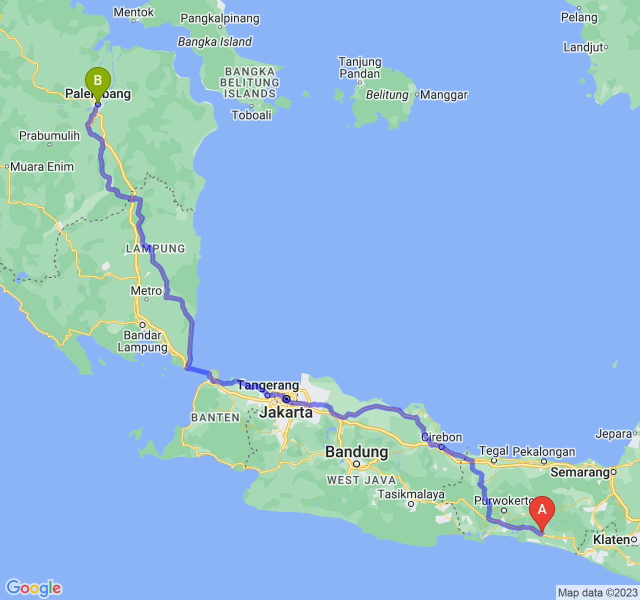 rute perjalanan Kab. Kebumen-Kota Palembang