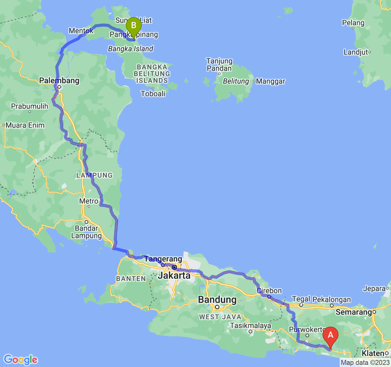 rute perjalanan Kab. Kebumen-Kota Pangkalpinang