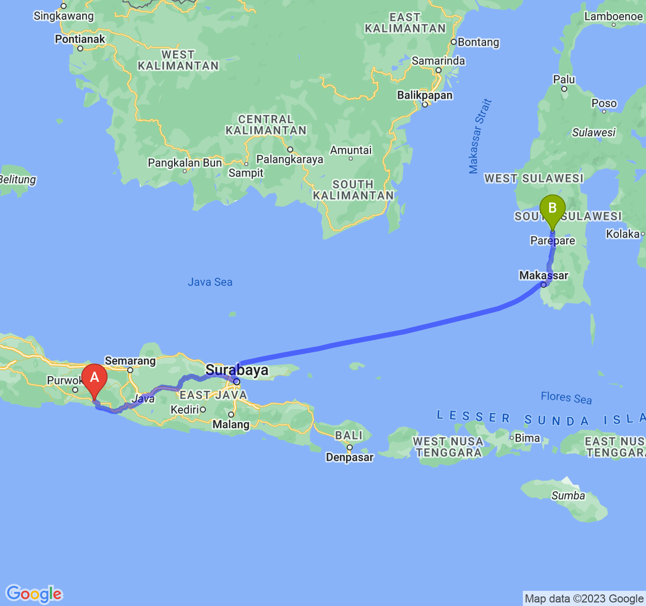 rute perjalanan Kab. Kebumen-Kota Parepare