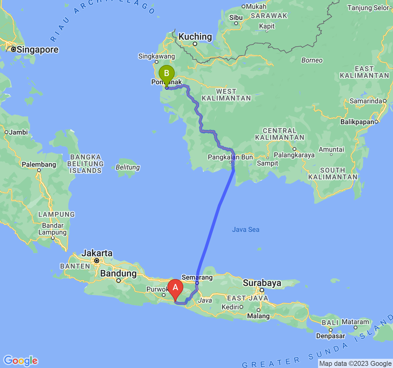 rute perjalanan Kab. Kebumen-Kota Pontianak