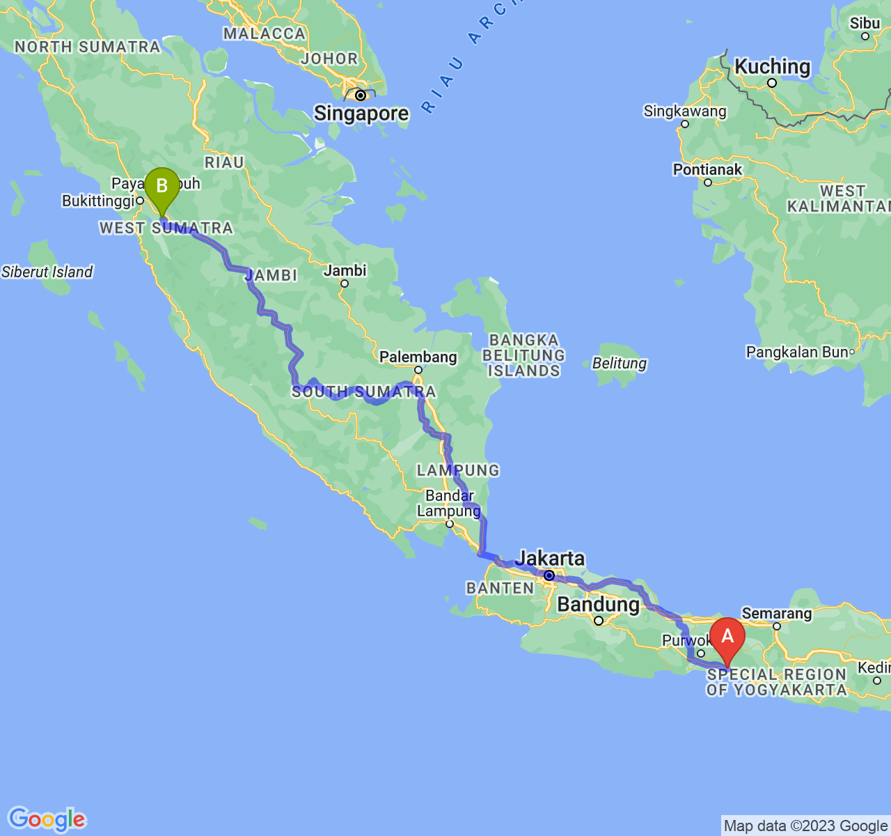 rute perjalanan Kab. Kebumen-Kota Sawah Lunto