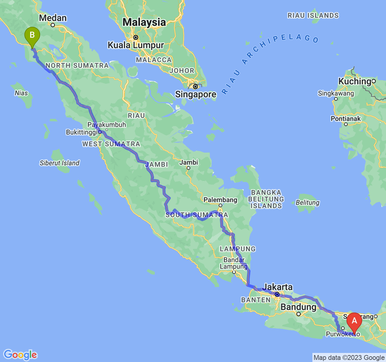 rute perjalanan Kab. Kebumen-Kota Subulussalam